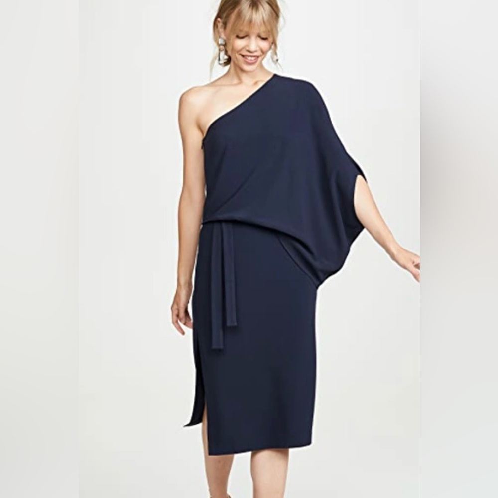 Halston Heritage Draped Asymmetrical One-Shoulder Navy Dress Size 4 NWT $325